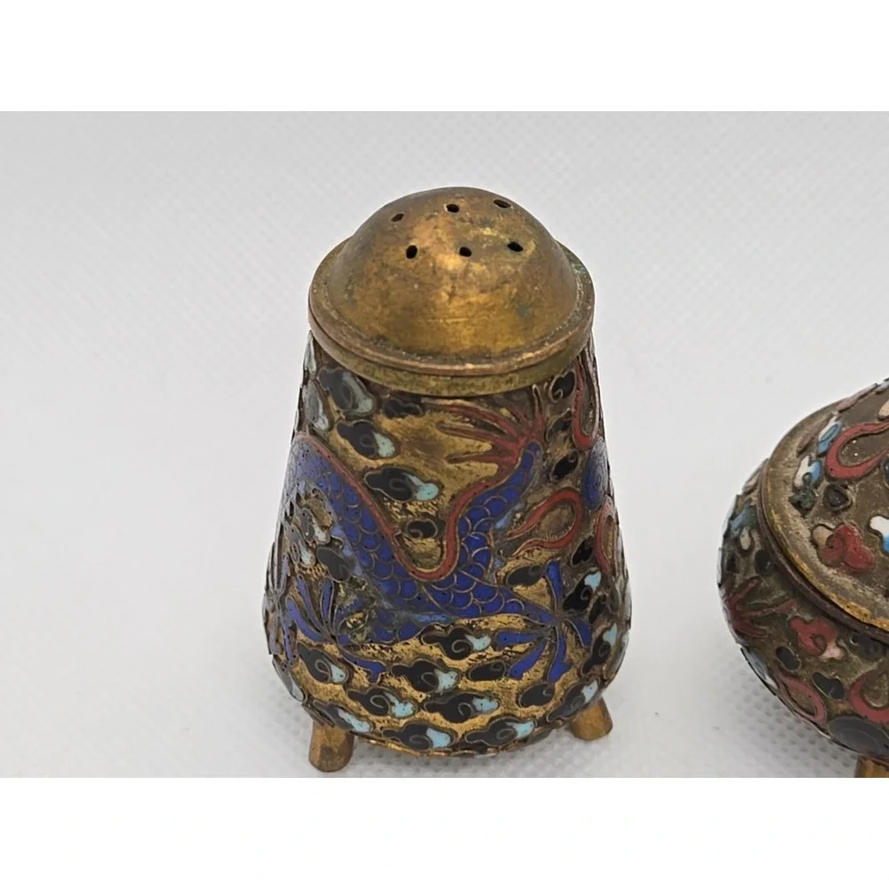 Vtg Cobalt Cloisonne Lidded Mustard Pot & Salt Cellar Set Dragon Motif‎ Chinese
